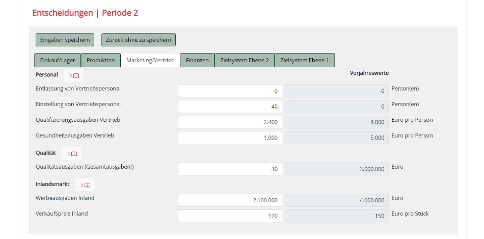 Eingabemaske Entscheidungen Marketing und Vertrieb 